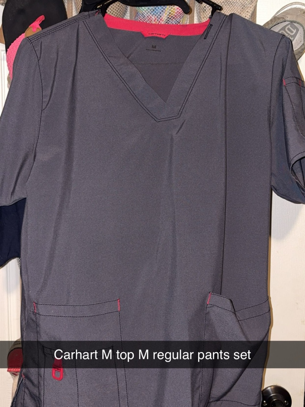 Carhartt Charcoal Gray Scrub Top with Pink Trim